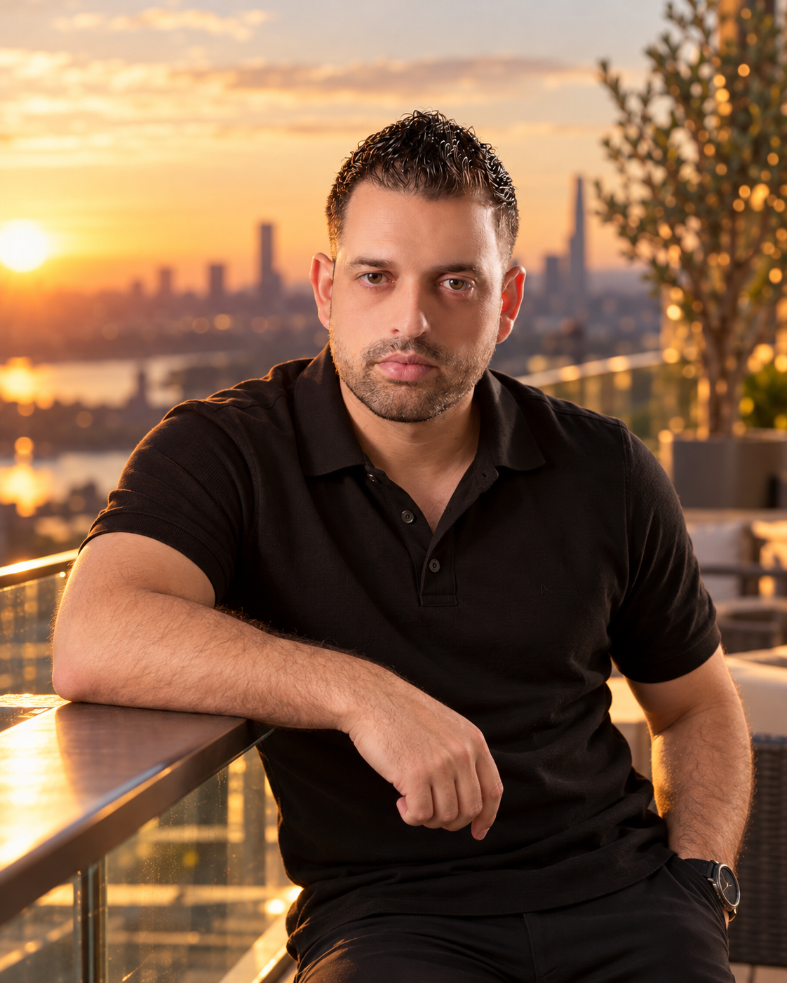 William Bilabong de camisa preta em retrato ao pôr do sol