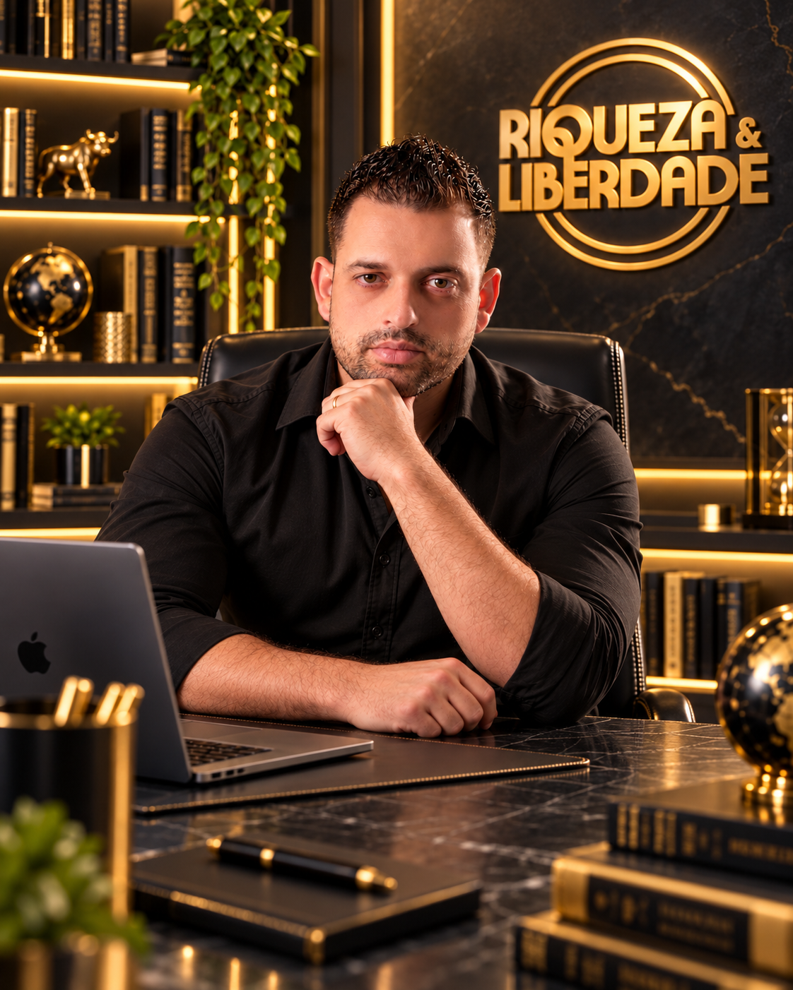 William Bilabong de camisa preta em retrato sentado à mesa