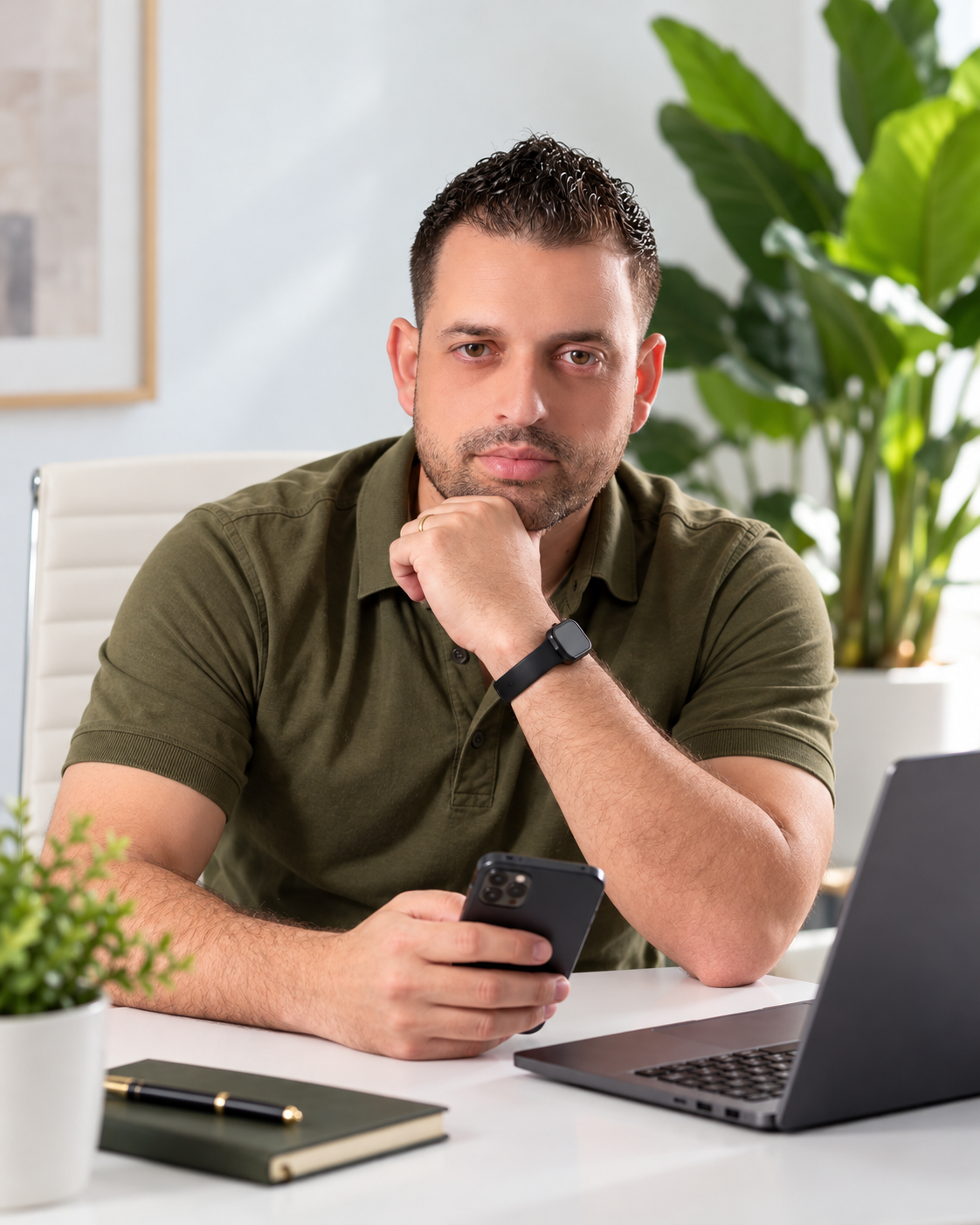 William Bilabong de camisa verde, sentado à mesa com celular e notebook